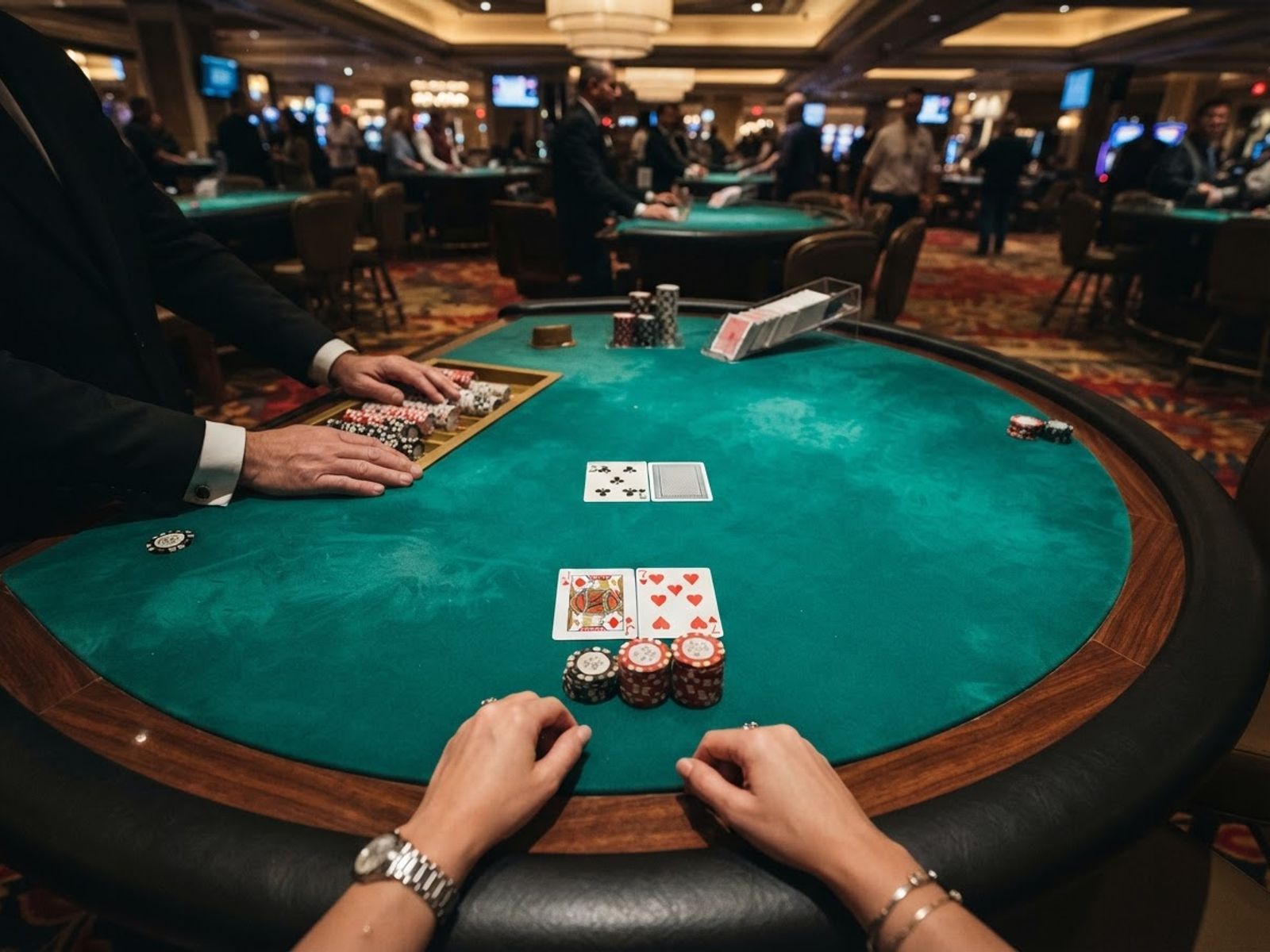 Table de blackjack avec cartes distribuées et jetons