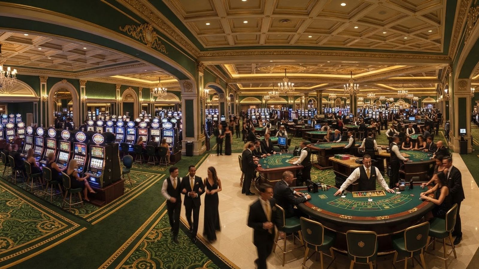 Salle de casino avec machines de jeu alignées